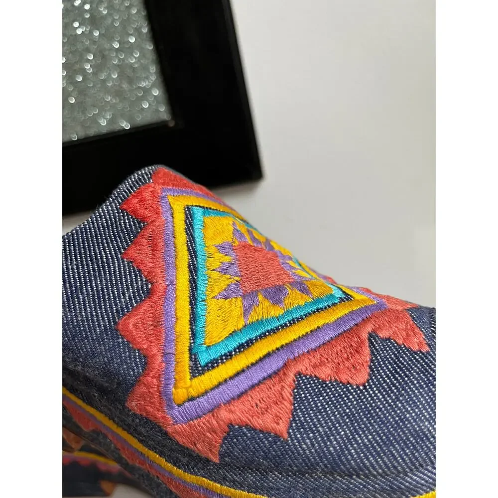 Vintage 60s Platform Mule Heels | Embroidered Denim Peep Toe | Mod Folk | Size 6 - Picture 3 of 10